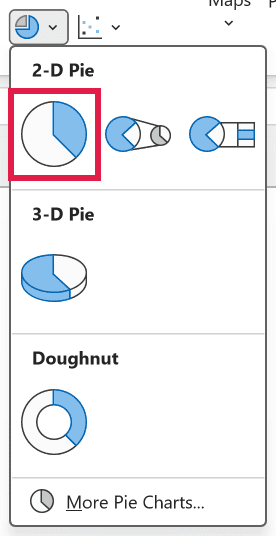 Insert Pie or Doughnut Chart menu with 2-D Pie selected
