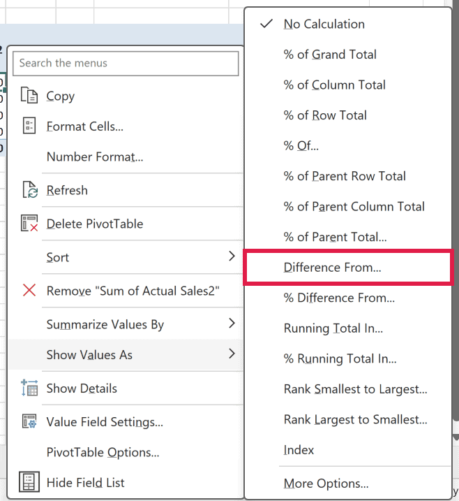 Right-click menu on a PivotTable value with the Show Values As submenu open and Difference From in the list