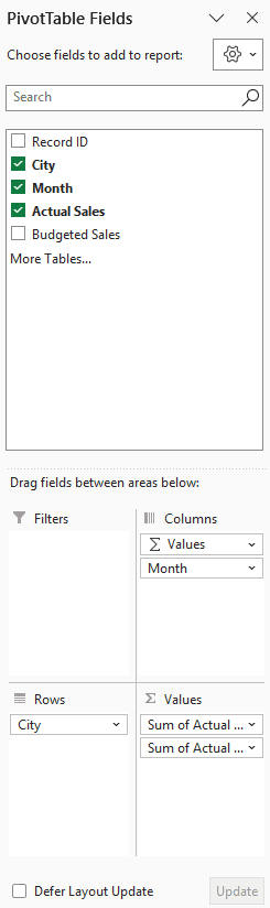 PivotTable Fields pane with Actual Sales in the Values area twice, ready for the percentage version of the difference