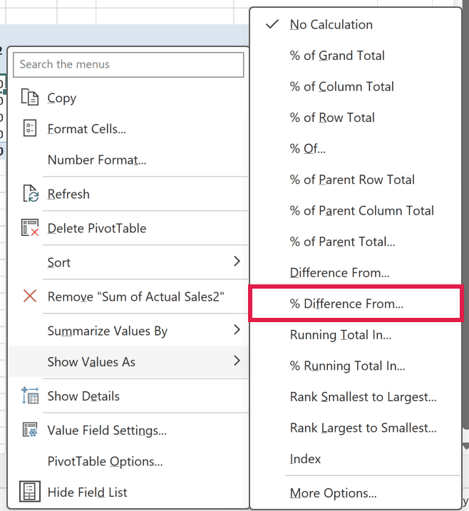 Right-click menu on a PivotTable value with the Show Values As submenu open and % Difference From in the list