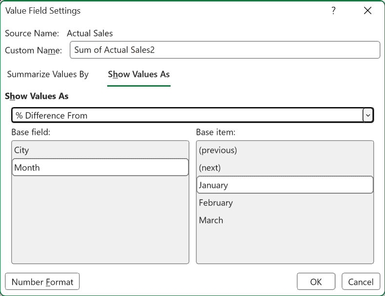 Value Field Settings dialog on the Show Values As tab with % Difference From selected, Base field Month and Base item January