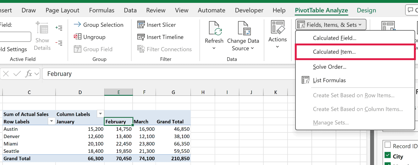 Fields, Items, & Sets dropdown open with Calculated Item available while the February column heading is selected