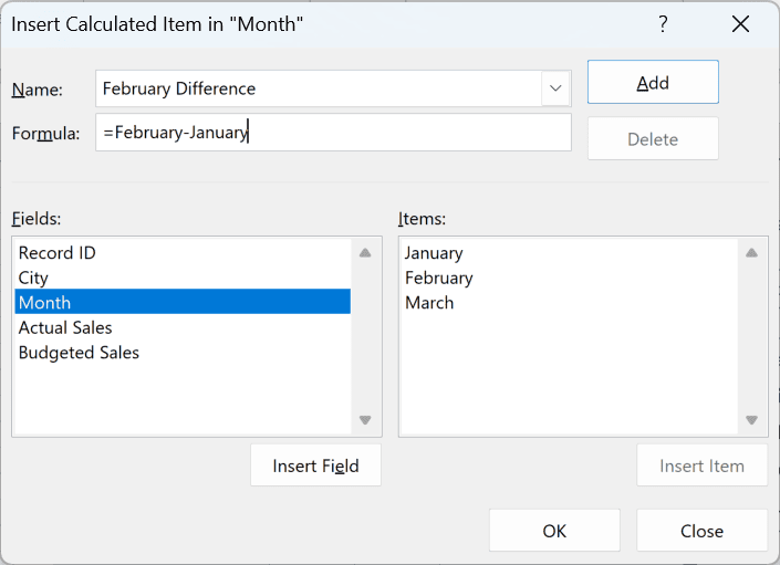 Insert Calculated Item dialog for the Month field with the name February Difference and a formula subtracting January from February