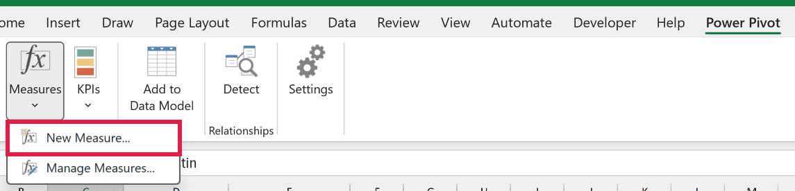Measures dropdown open on the Power Pivot tab with New Measure in the list