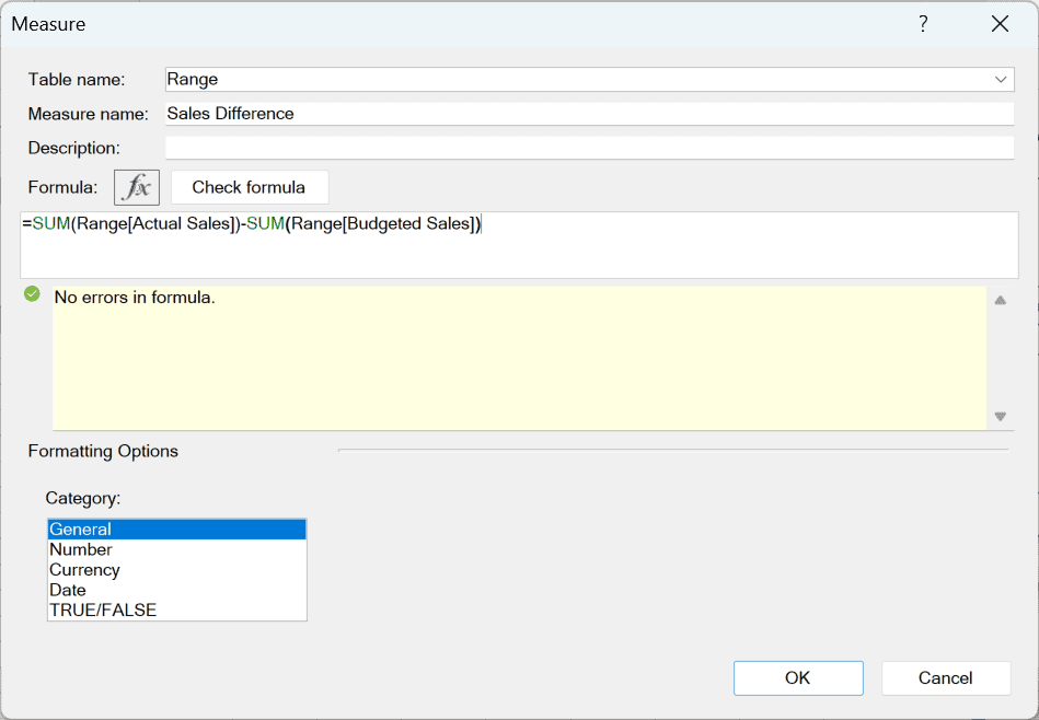 Measure dialog with the name Sales Difference and a DAX formula subtracting the SUM of Budgeted Sales from the SUM of Actual Sales