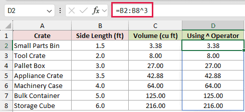 =B2:B8^3 in D2