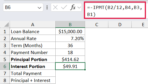 =-IPMT(B2/12,B4,B3,B1) in B6