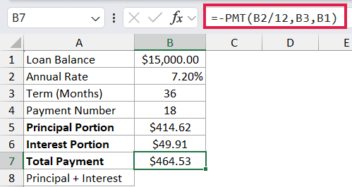 =-PMT(B2/12,B3,B1) in B7