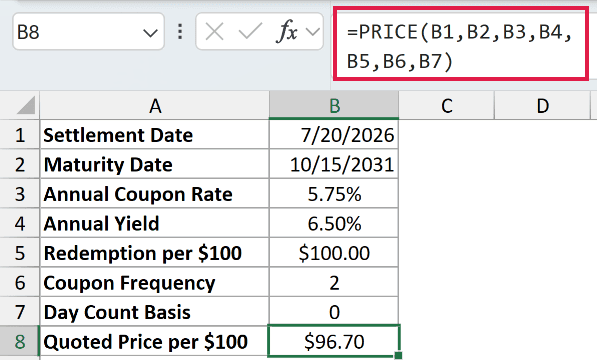 =PRICE(B1,B2,B3,B4,B5,B6,B7) in B8