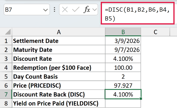 =DISC(B1,B2,B6,B4,B5) in B7