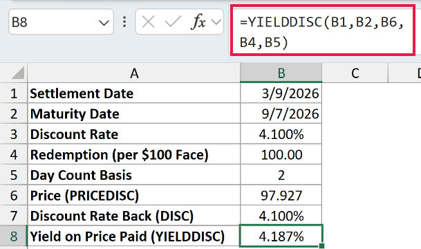 =YIELDDISC(B1,B2,B6,B4,B5) in B8