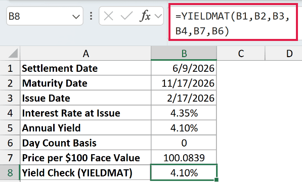 =YIELDMAT(B1,B2,B3,B4,B7,B6) in B8
