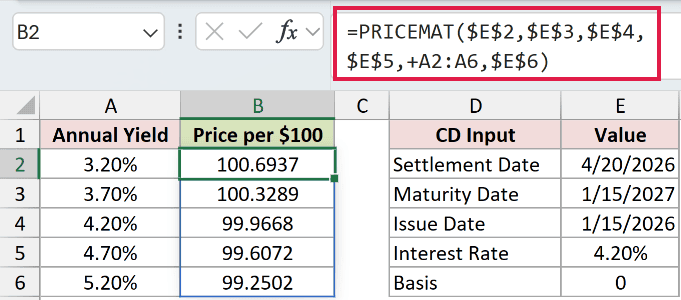 =PRICEMAT($E$2,$E$3,$E$4,$E$5,+A2:A6,$E$6) in B2