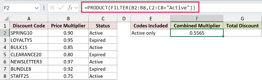 =PRODUCT(FILTER(B2:B8,C2:C8="Active")) in F2