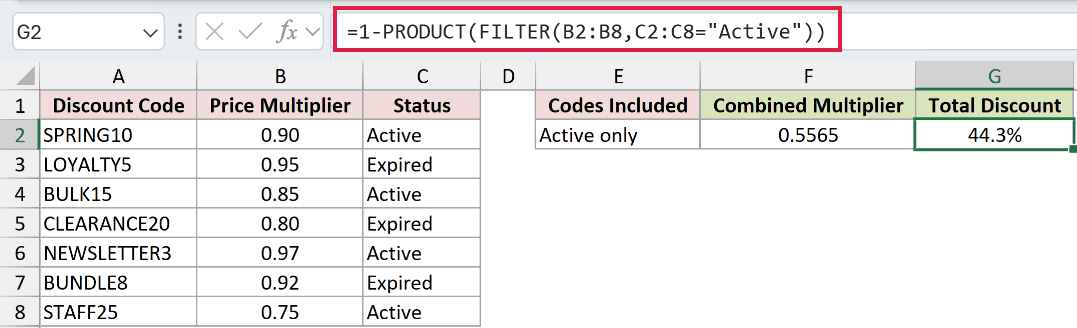 =1-PRODUCT(FILTER(B2:B8,C2:C8="Active")) in G2