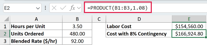 =PRODUCT(B1:B3,1.08) in E2