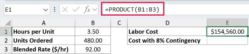 =PRODUCT(B1:B3) in E1