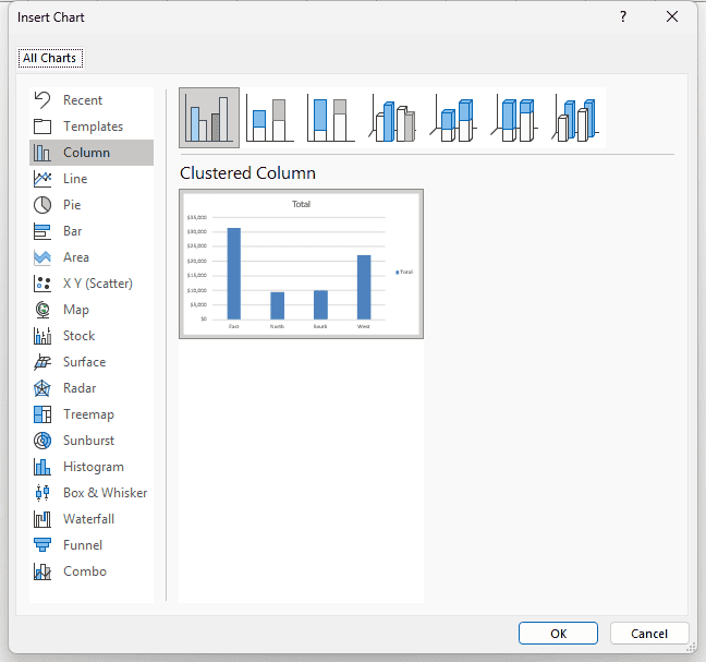 Insert Chart dialog box with Clustered Column selected