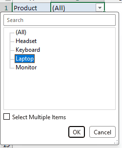 Product filter drop-down in the pivot table with Laptop selected