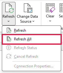The Refresh drop-down on the PivotTable Analyze tab with Refresh All highlighted.