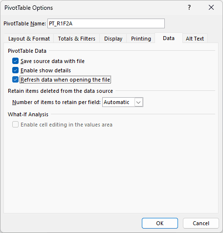 PivotTable Options Data tab with Refresh data when opening the file checked.