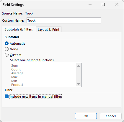Field Settings dialog on the Subtotals & Filters tab with Include new items in manual filter.