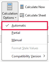 The Calculation Options menu on the Formulas tab with Automatic highlighted.