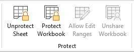 The Unprotect Sheet button in the Protect group of the Review tab.