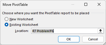 The Move PivotTable dialog with the new location set to I1.