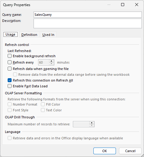 Query Properties Usage tab with Refresh this connection on Refresh All selected.