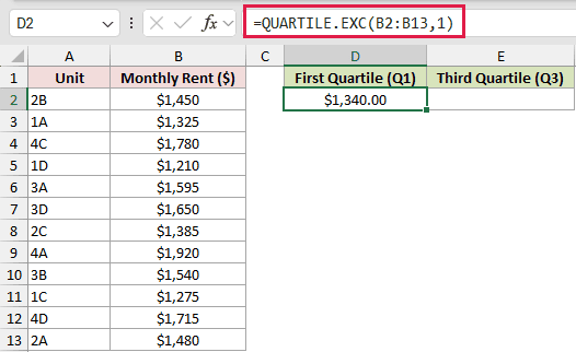 =QUARTILE.EXC(B2:B13,1) in D2