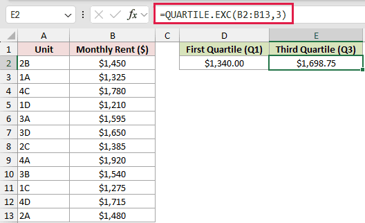 =QUARTILE.EXC(B2:B13,3) in E2