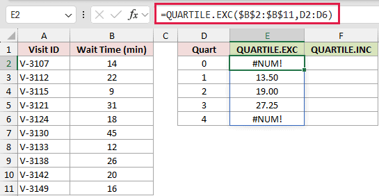 =QUARTILE.EXC($B$2:$B$11,D2:D6) in E2