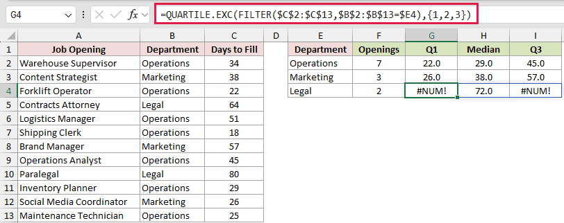 =QUARTILE.EXC(FILTER($C$2:$C$13,$B$2:$B$13=$E4),{1,2,3}) in G4