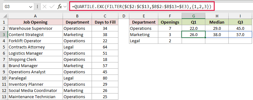 =QUARTILE.EXC(FILTER($C$2:$C$13,$B$2:$B$13=$E3),{1,2,3}) in G3