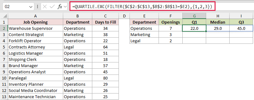 =QUARTILE.EXC(FILTER($C$2:$C$13,$B$2:$B$13=$E2),{1,2,3}) in G2