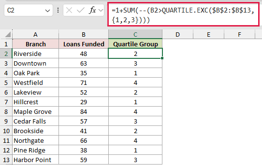 =1+SUM(--(B2>QUARTILE.EXC($B$2:$B$13,{1,2,3}))) in C2