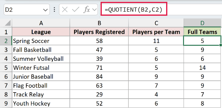 =QUOTIENT(B2,C2) in D2
