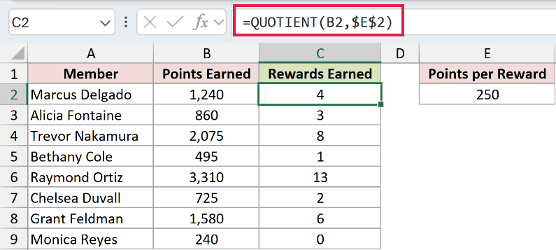 =QUOTIENT(B2,$E$2) in C2