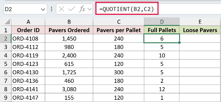 =QUOTIENT(B2,C2) in D2