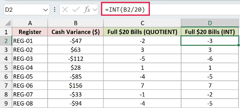 =INT(B2/20) in D2