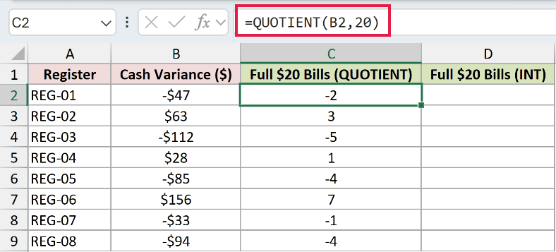 =QUOTIENT(B2,20) in C2