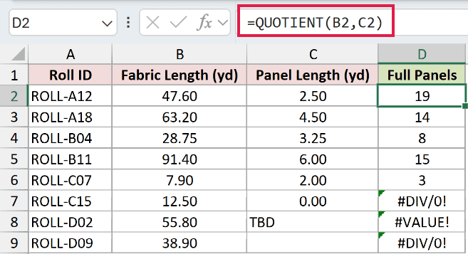 =QUOTIENT(B2,C2) in D2