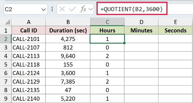 =QUOTIENT(B2,3600) in C2