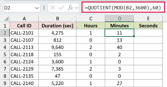 =QUOTIENT(MOD(B2,3600),60) in D2