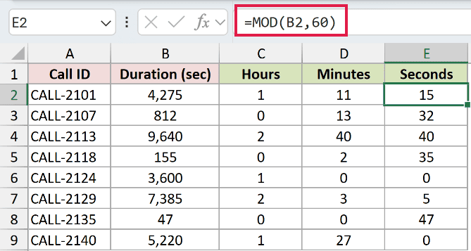 =MOD(B2,60) in E2