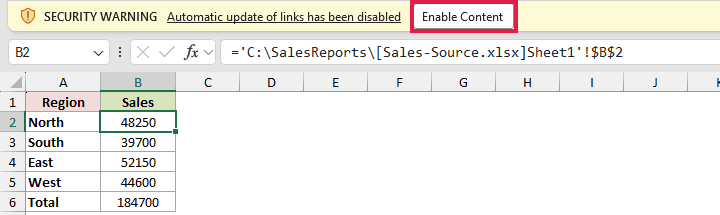 Excel Message Bar with the Enable Content button highlighted for disabled workbook links