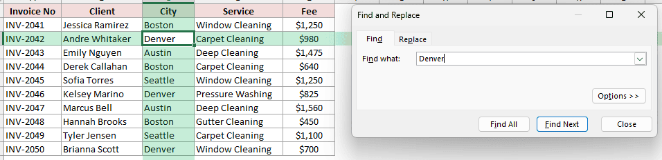 Excel Find dialog showing Denver found in cell C3 after a single cell is selected