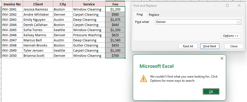 Excel Find dialog showing Denver not found while cells E2:E11 are selected on the Invoices sheet