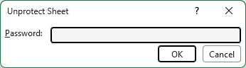 Excel Unprotect Sheet dialog box requiring a password to modify protected cells